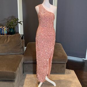 Women’s One Shoulder Pink Sequined Formal Prom Dress Long Leg Slit Size S NWOT